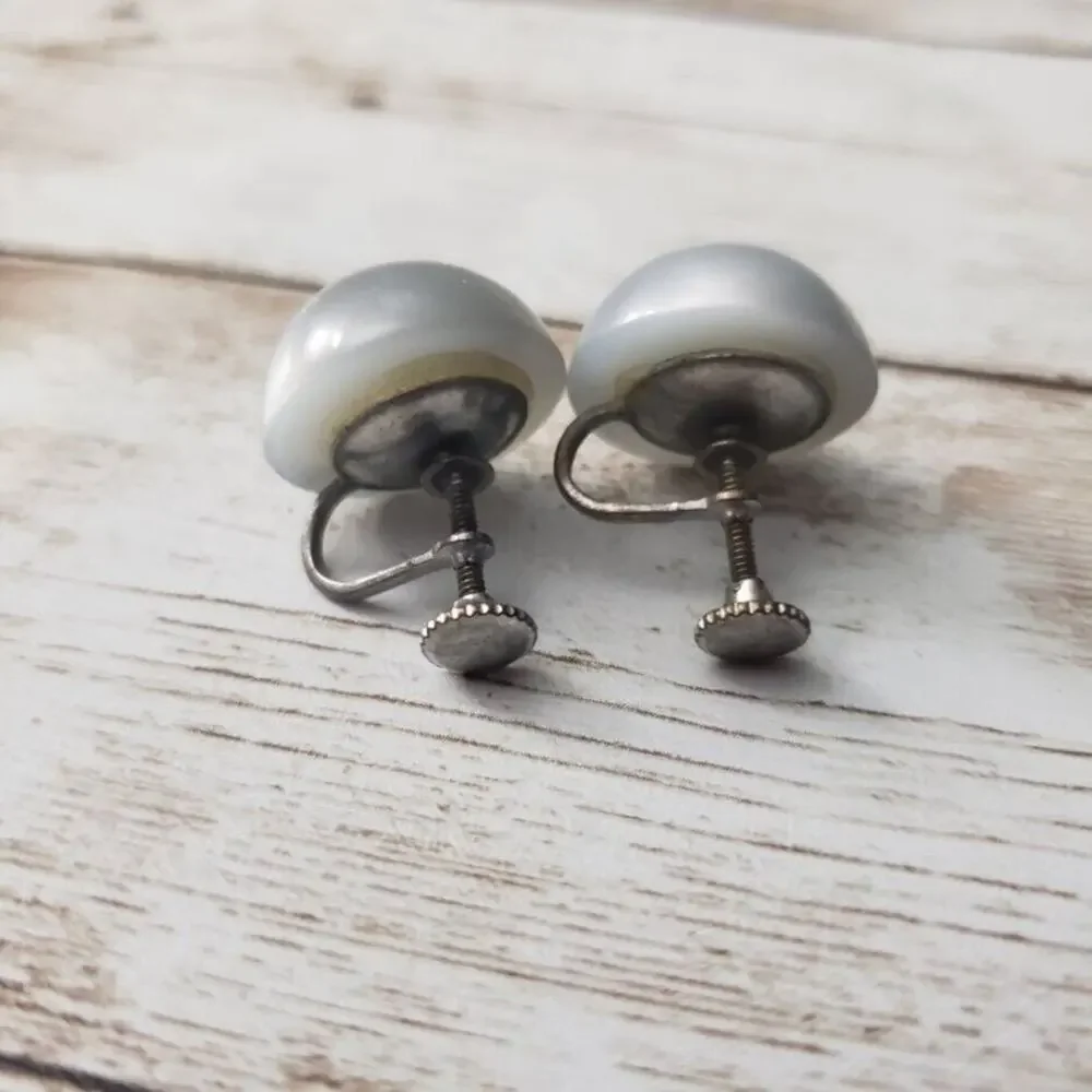 Vintage Screw On Earrings - Small Domed Silver Tone / Gray